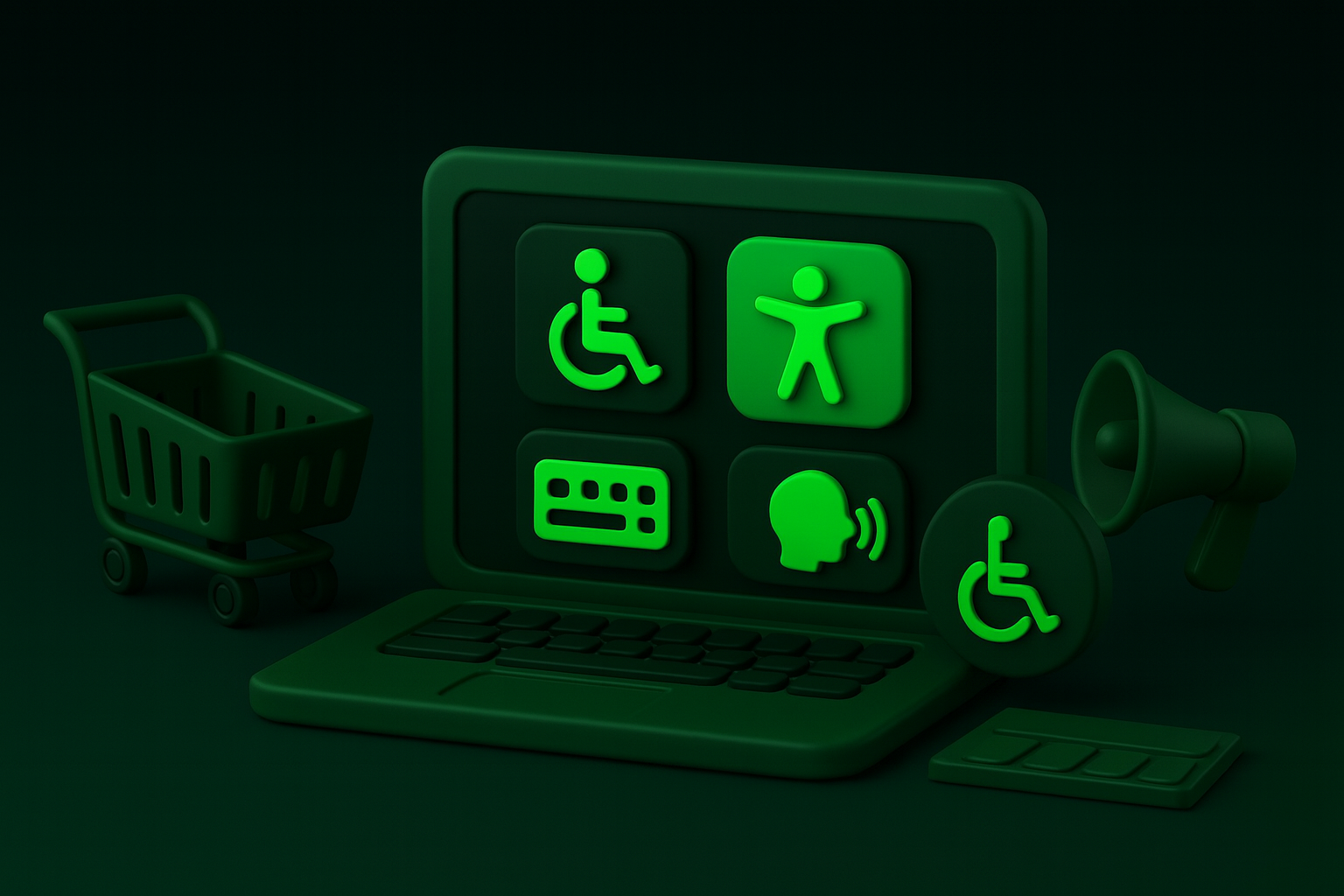 Ilustracja 3D w stylu clay symbolizująca dostępność w e-commerce: koszyk zakupowy, ekran laptopa z ikonami dostępności (wózek inwalidzki, kontrast, klawiatura, screen reader).