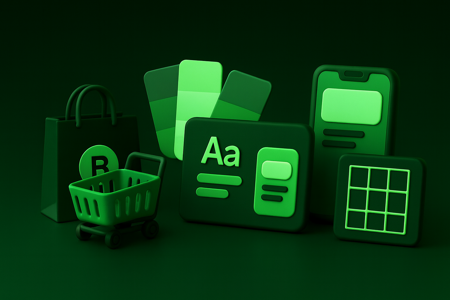 Ilustracja 3D w stylu clay pokazująca spójność brandu w e-commerce: torba zakupowa z logo, próbki kolorów, elementy typografii, ekran aplikacji mobilnej i siatka design systemu.