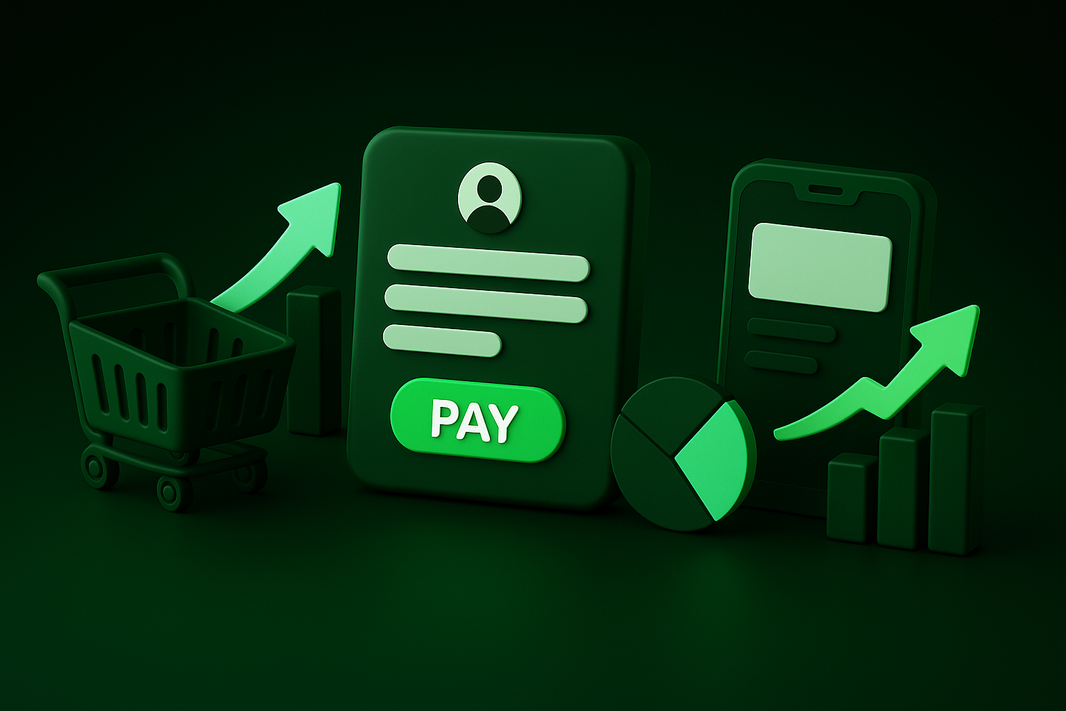 Ilustracja 3D w stylu clay przedstawiająca ścieżkę zakupową w e-commerce: koszyk, formularz checkout z przyciskiem „Pay”, ekran mobilny oraz ikony konwersji i wykresy wzrostu.