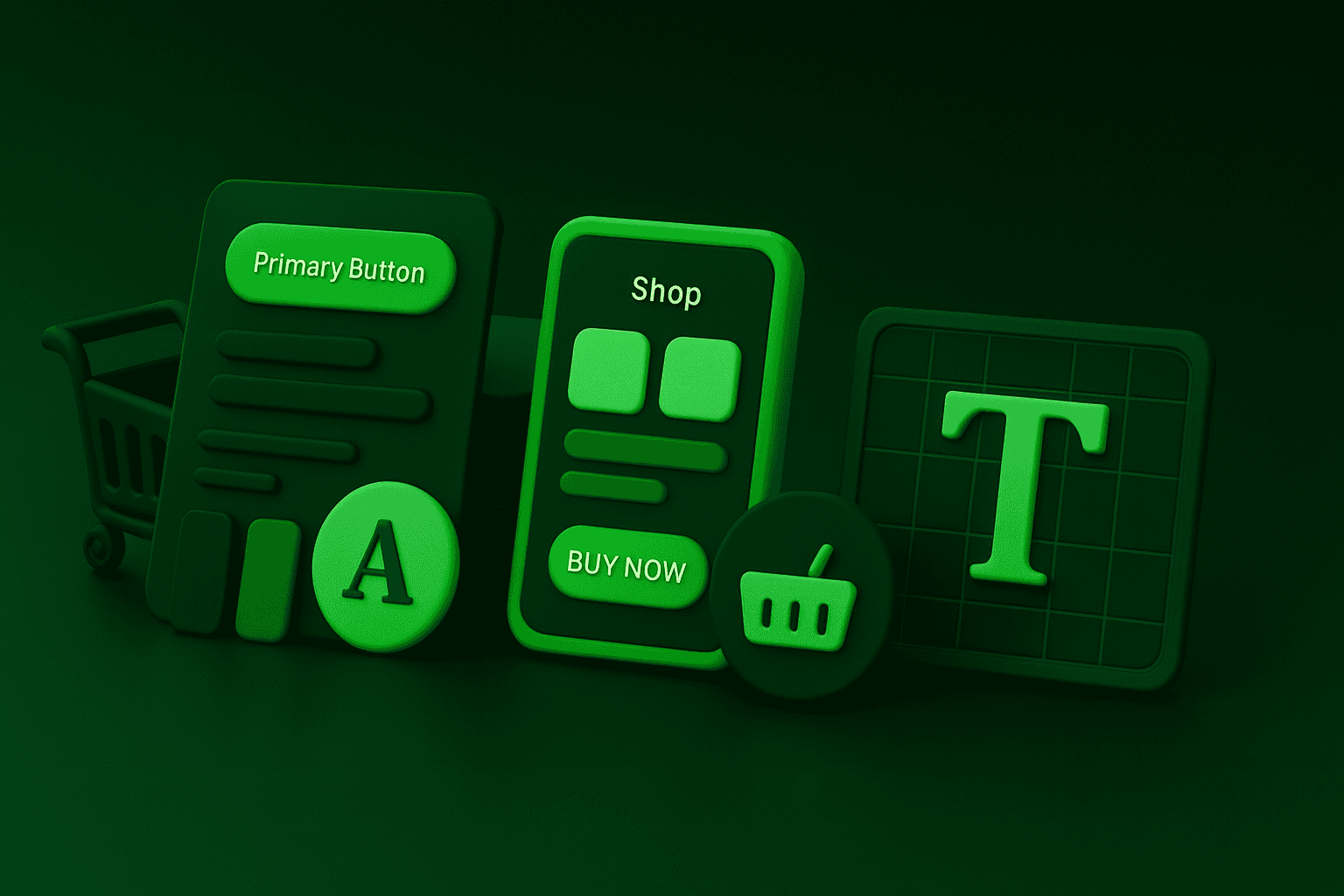 Ilustracja 3D w stylu clay pokazująca design system w e-commerce: warstwowe komponenty UI, przyciski, próbki kolorów, elementy typografii oraz interfejs aplikacji zakupowej.