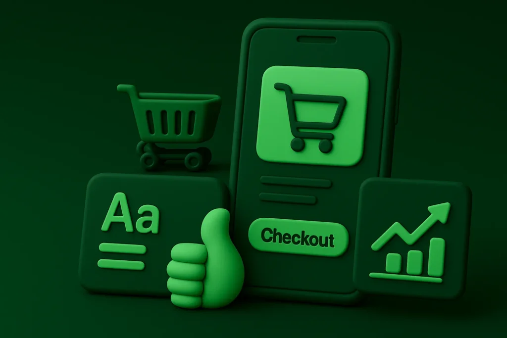 Ilustracja 3D w stylu clay przedstawiająca mobile-first e-commerce: smartfon z koszykiem, przyciskiem checkout i ikoną wzrostu sprzedaży.