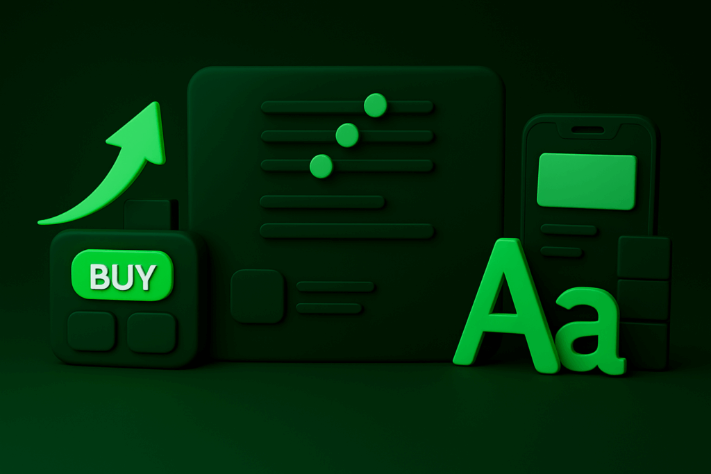 3D ilustracja clay-style symbolizująca wydajny i skalowalny e-commerce: przycisk „Buy”, ekran mobilny, typografia i elementy UI w zielono-czarnej kolorystyce.