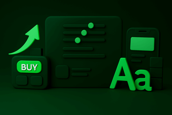 3D ilustracja clay-style symbolizująca wydajny i skalowalny e-commerce: przycisk „Buy”, ekran mobilny, typografia i elementy UI w zielono-czarnej kolorystyce.