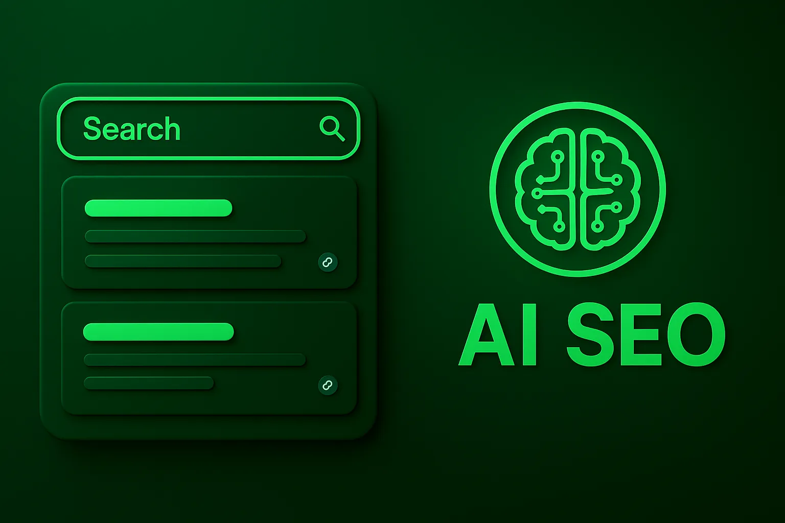 Ilustracja 3D przedstawiająca wyszukiwarkę z aktywnym polem „Search”, odpowiedzi AI oraz rosnące wskaźniki widoczności — wizualizacja koncepcji AI SEO i ery zero-klików według Badwhite™.