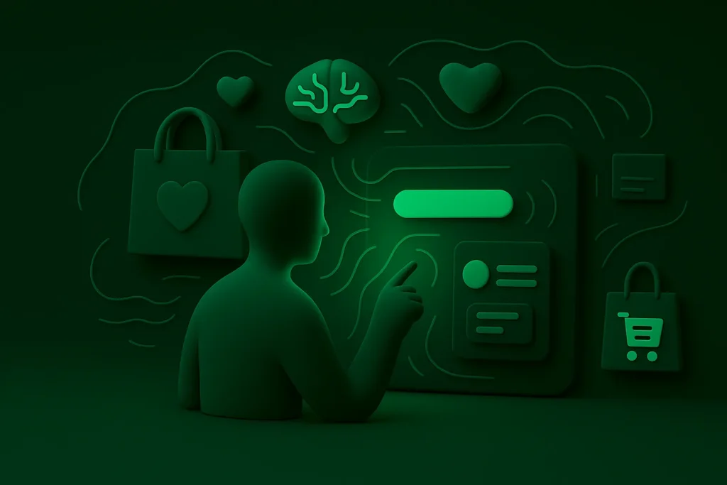 3D ilustracja przedstawiająca predykcyjny UX w e-commerce — inteligentny interfejs dopasowujący się do zachowań użytkownika, w zielono-czarnej kolorystyce.