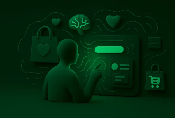 3D ilustracja przedstawiająca predykcyjny UX w e-commerce — inteligentny interfejs dopasowujący się do zachowań użytkownika, w zielono-czarnej kolorystyce.