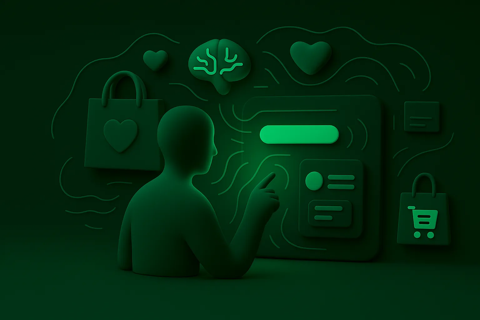 3D ilustracja przedstawiająca predykcyjny UX w e-commerce — inteligentny interfejs dopasowujący się do zachowań użytkownika, w zielono-czarnej kolorystyce.