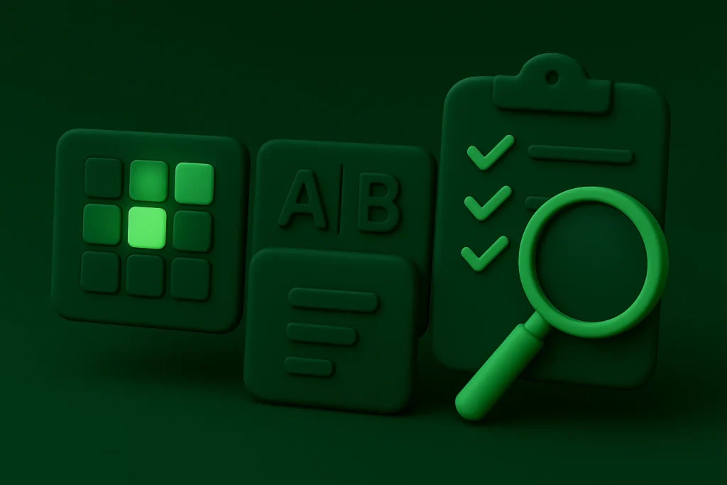 3D clay-style CRO graphic with heatmap, A/B test panels, checklist and bright green magnifying glass