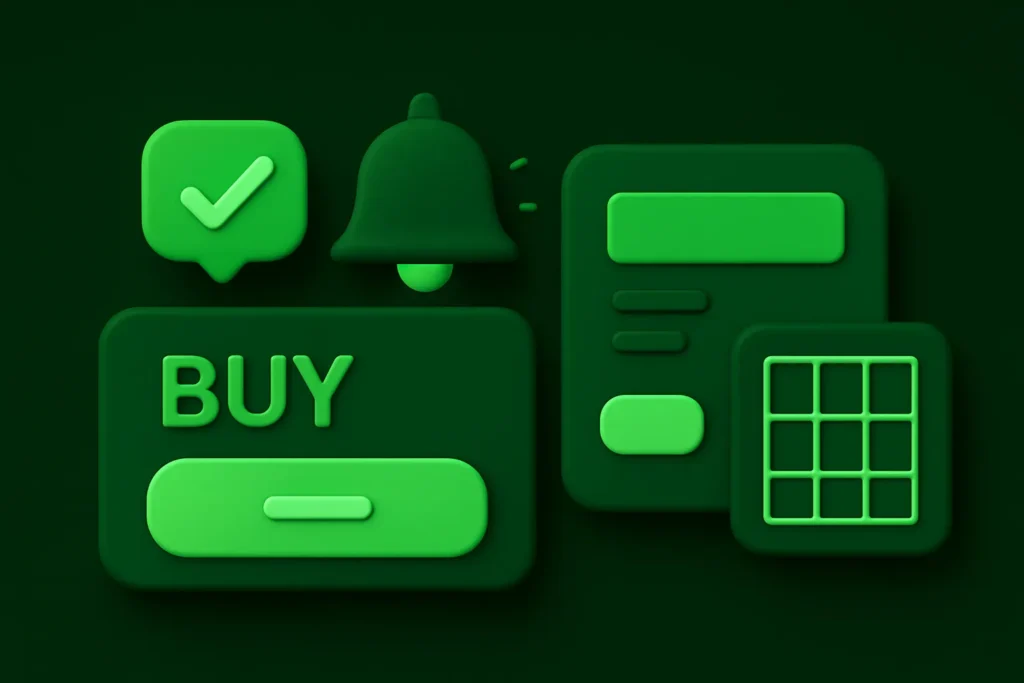 lustracja 3D clay przedstawiająca mikrointerakcje w e-commerce: animowane przyciski, powiadomienia i koszyk zakupowy w zielono-czarnej kolorystyce.