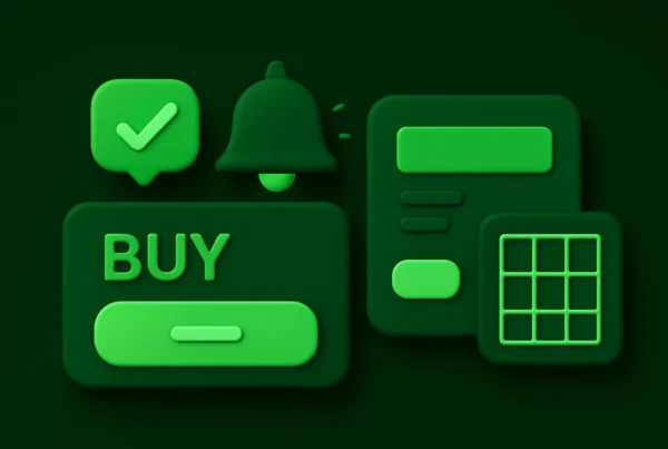 lustracja 3D clay przedstawiająca mikrointerakcje w e-commerce: animowane przyciski, powiadomienia i koszyk zakupowy w zielono-czarnej kolorystyce.