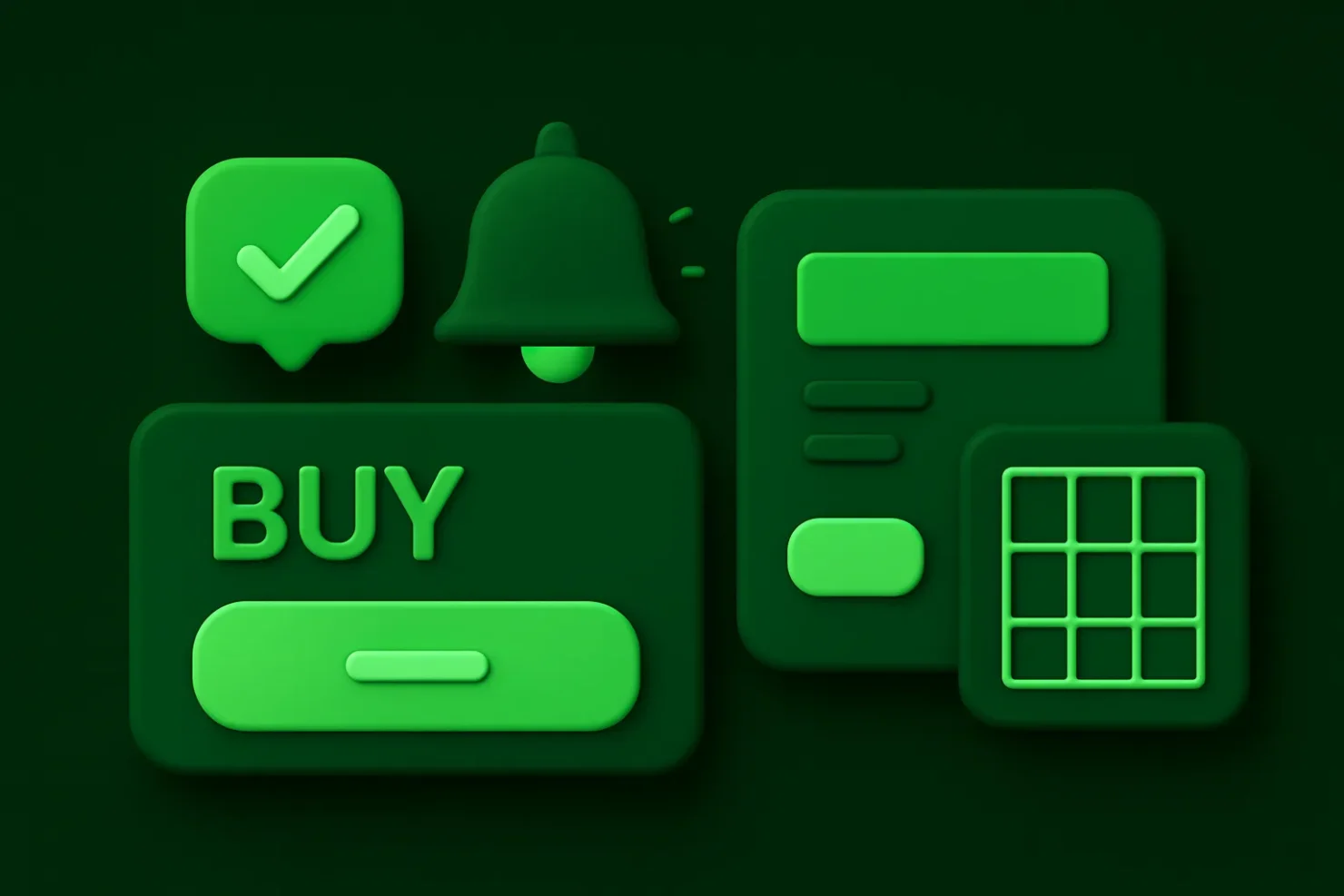 lustracja 3D clay przedstawiająca mikrointerakcje w e-commerce: animowane przyciski, powiadomienia i koszyk zakupowy w zielono-czarnej kolorystyce.