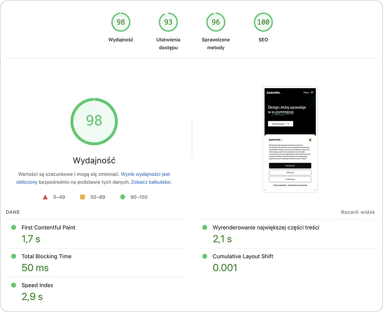Zrzut ekranu z Google PageSpeed Insights pokazujący wynik wydajności 98/100 i SEO 100/100 dla strony Badwhite.