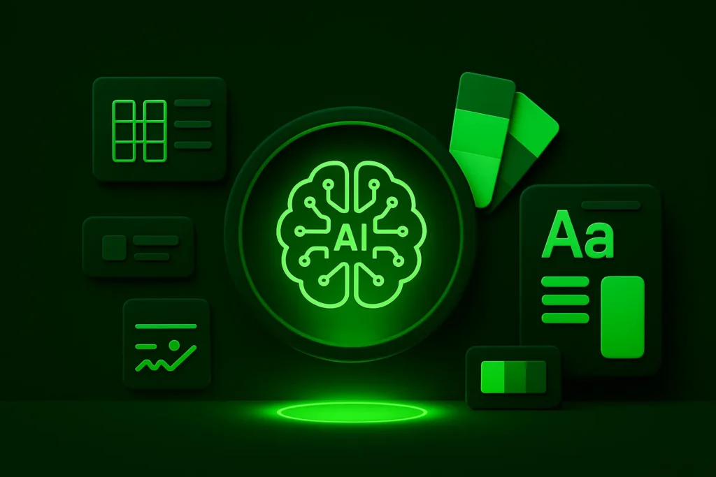 Trójwymiarowa ilustracja przedstawiająca sztuczną inteligencję i elementy projektowania UX bez interfejsu, w estetyce Badwhite, w zielono-czarnej kolorystyce