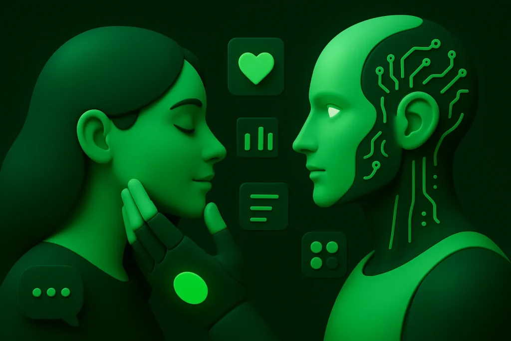 Syntetyczna empatia. Minimalistyczna, futurystyczna ilustracja 3D w stylu clay, przedstawiająca człowieka i humanoidalną AI w zielono-czarnej kolorystyce. Robot delikatnie dotyka twarzy kobiety, symbolizując emocjonalne połączenie między technologią a człowiekiem w kontekście projektowania cyfrowego.