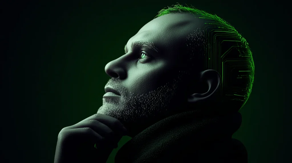 Portret projektanta w estetyce Badwhite™, przedstawiający współpracę człowieka z AI. Futurystyczna twarz z neonowymi detalami symbolizującymi inteligentne systemy.