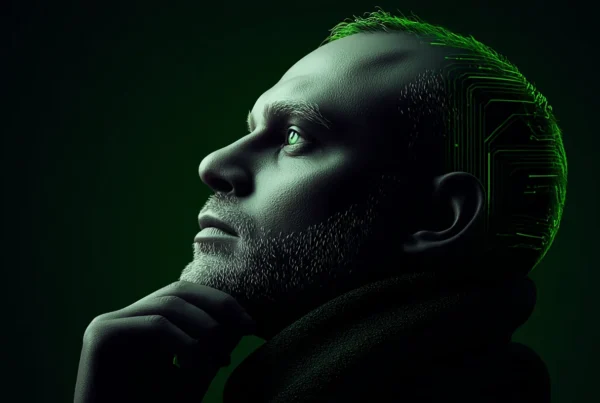 Portret projektanta w estetyce Badwhite™, przedstawiający współpracę człowieka z AI. Futurystyczna twarz z neonowymi detalami symbolizującymi inteligentne systemy.